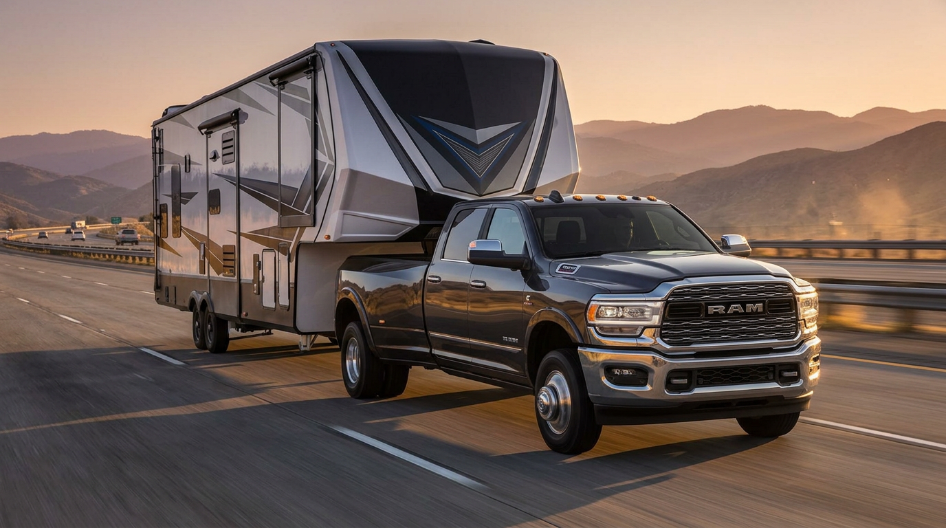 Dually pickup truck towing a fifth-wheel RV camper on the highway