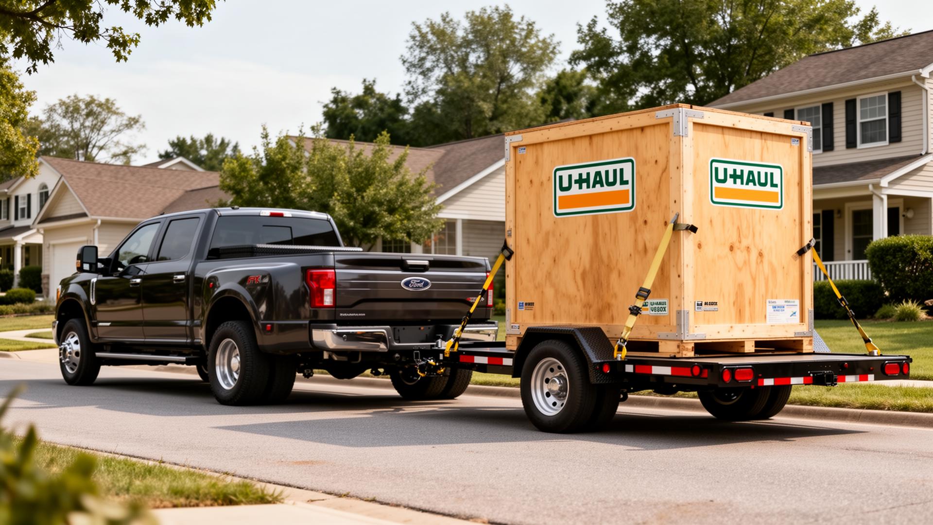 Dually pickup hauling a U-Box moving container on a flatbed trailer