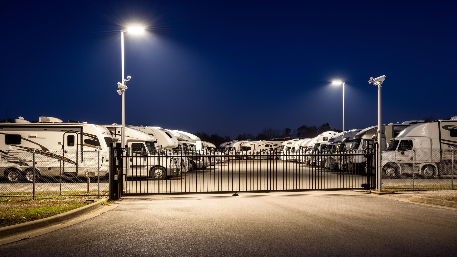 Secure gated yard with dome lighting and surveillance cameras